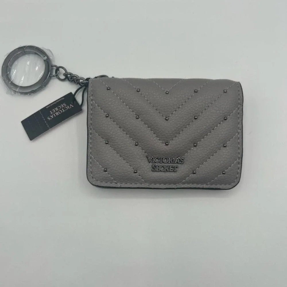 NWT Victoria's Secret Grey Quilted Studded Keychain Card Case Zip Mini Wallet
